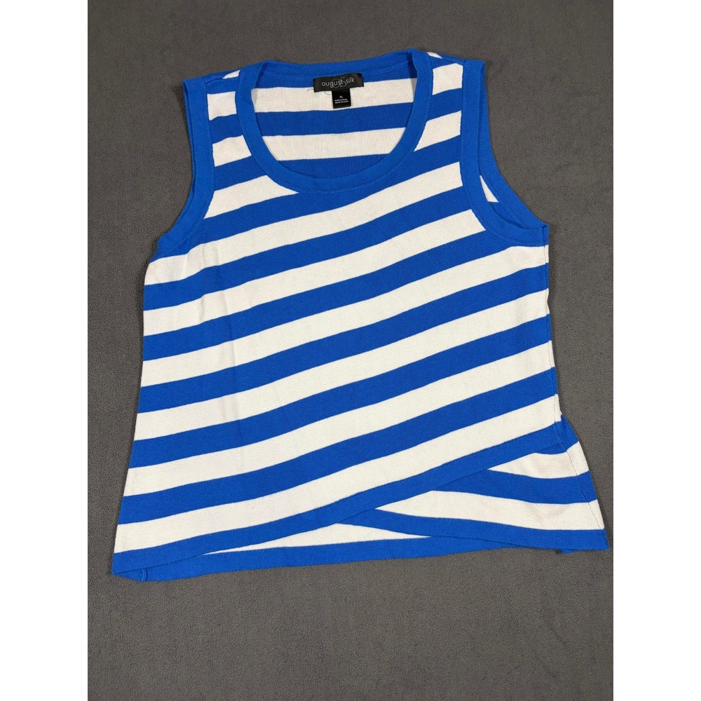 August Silk Tank Top Womens XL Blue White Striped Sleeveless Crossover Hem Shell